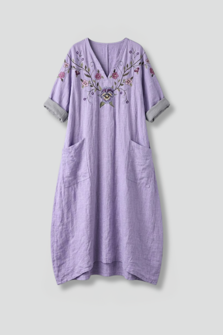 Juniper | Women's Embroidered Maxi Dress – Round Neck Short Sleeve Long Dress with Side Pockets & Relaxed Fit