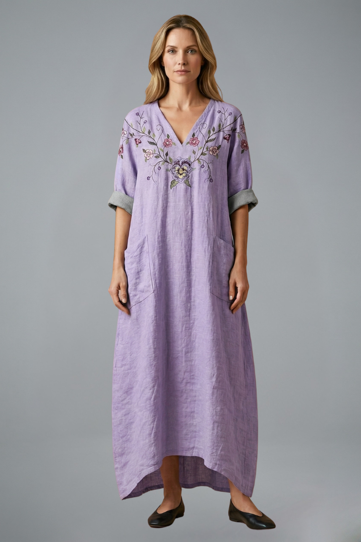 Juniper | Women's Embroidered Maxi Dress – Round Neck Short Sleeve Long Dress with Side Pockets & Relaxed Fit