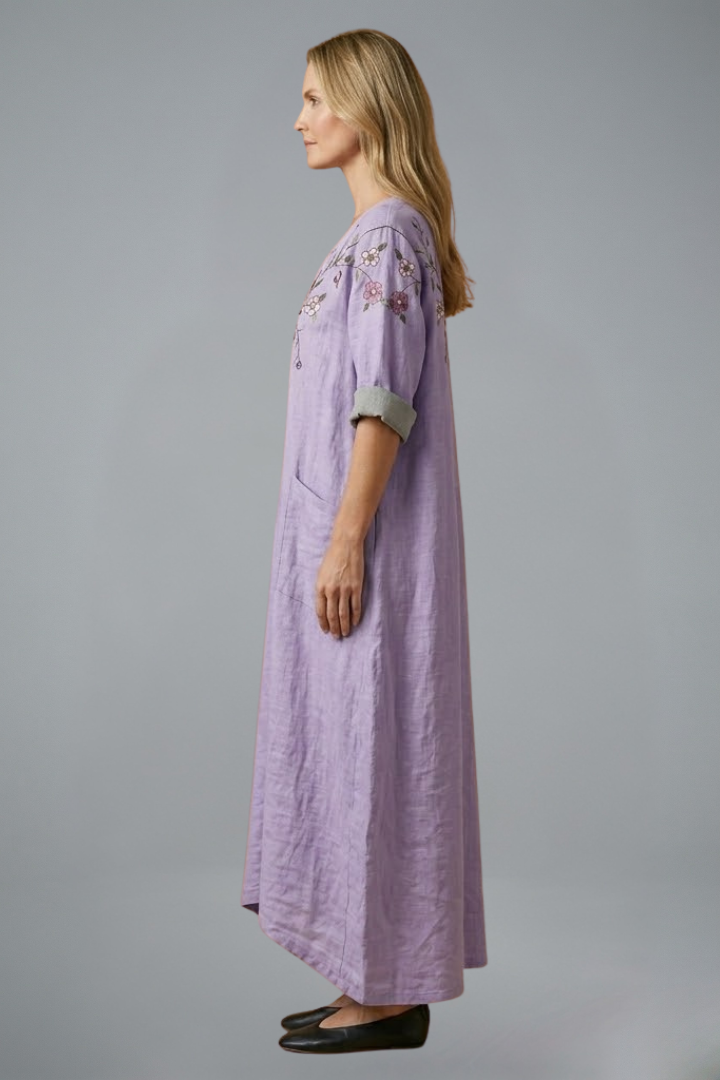 Juniper | Women's Embroidered Maxi Dress – Round Neck Short Sleeve Long Dress with Side Pockets & Relaxed Fit