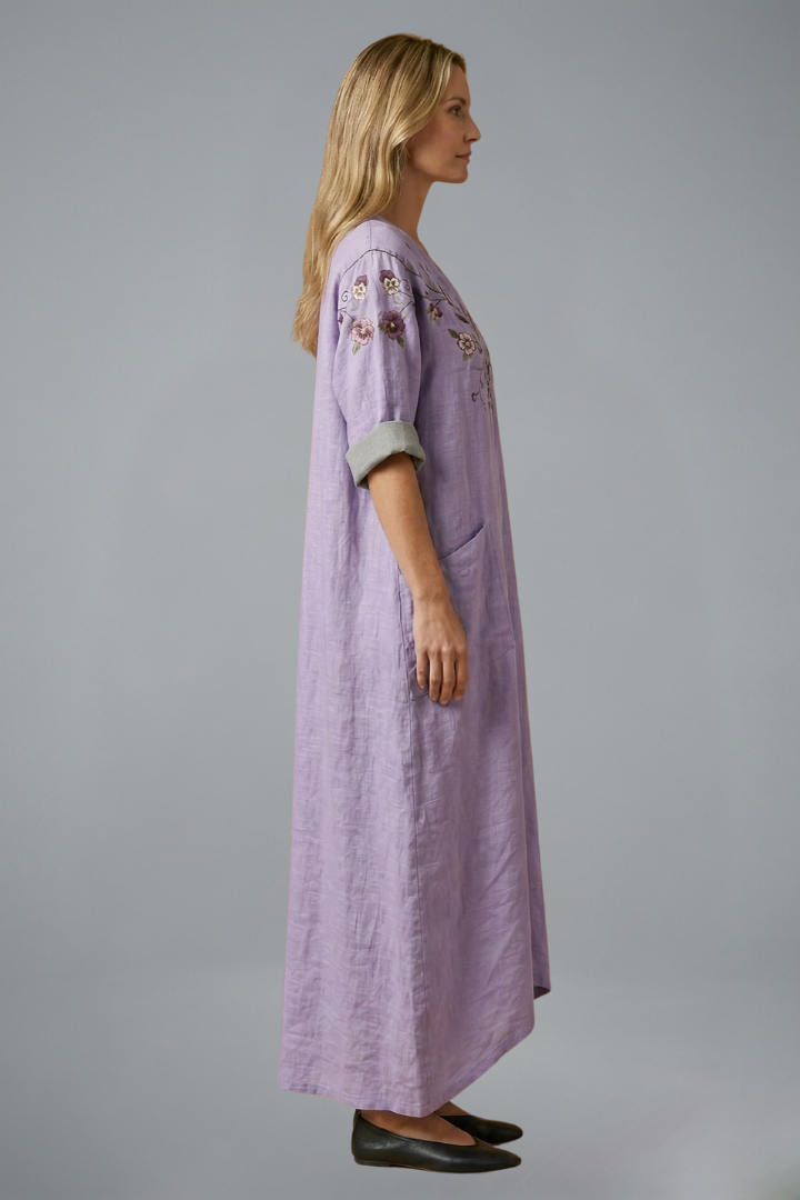 Juniper | Women's Embroidered Maxi Dress – Round Neck Short Sleeve Long Dress with Side Pockets & Relaxed Fit