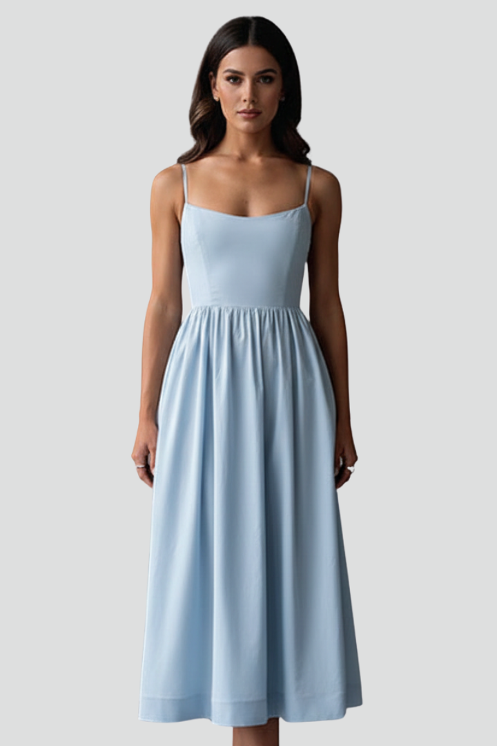 Jylia | Women’s Spaghetti Strap Midi Dress – Gathered Waist Sleeveless Summer Dress