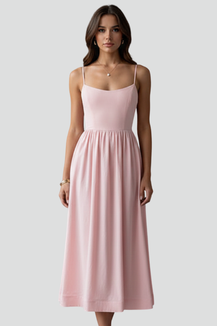 Jylia | Women’s Spaghetti Strap Midi Dress – Gathered Waist Sleeveless Summer Dress