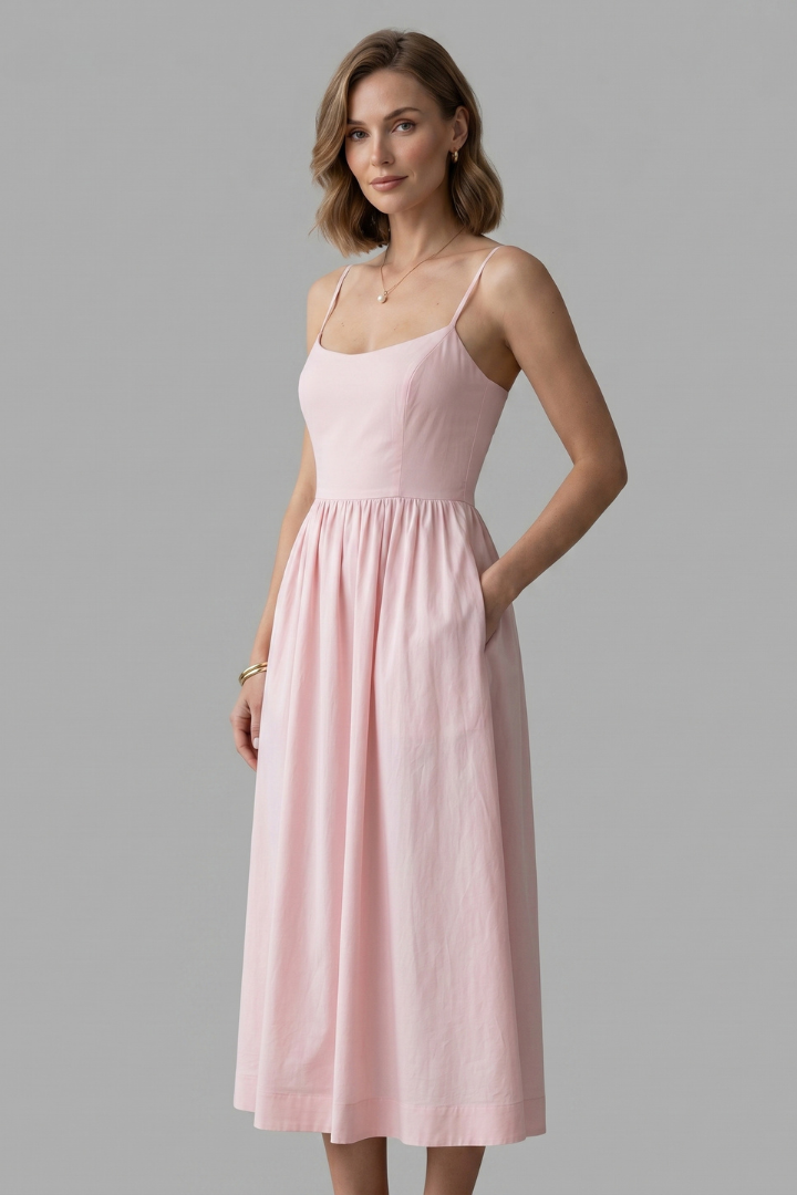 Jylia | Women’s Spaghetti Strap Midi Dress – Gathered Waist Sleeveless Summer Dress