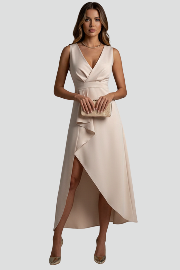 Kael | Women’s V-Neck Sleeveless Dress – Asymmetrical Hem Draped Fitted Waist Midi Party & Evening Dress