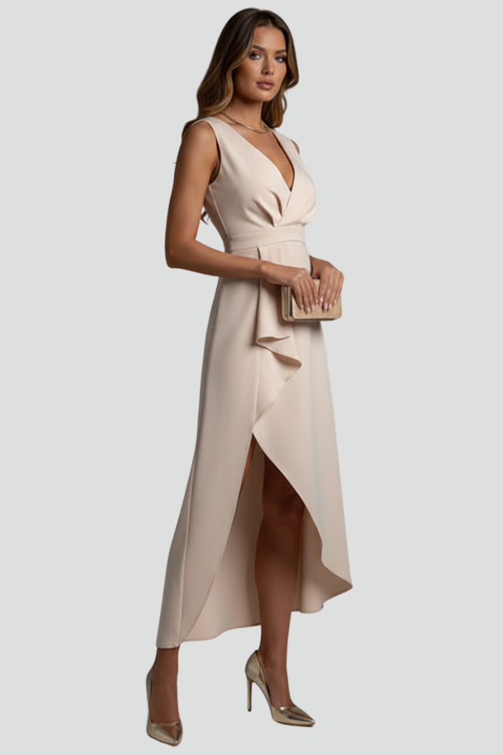 Kael | Women’s V-Neck Sleeveless Dress – Asymmetrical Hem Draped Fitted Waist Midi Party & Evening Dress