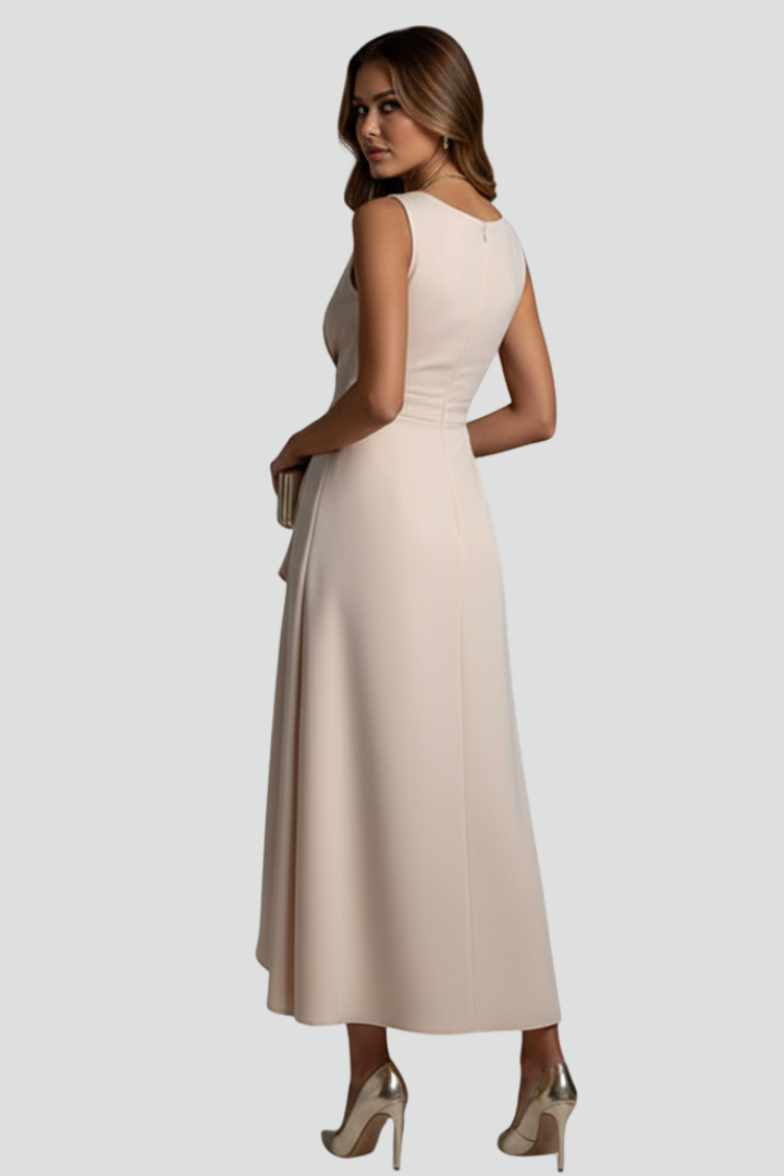 Kael | Women’s V-Neck Sleeveless Dress – Asymmetrical Hem Draped Fitted Waist Midi Party & Evening Dress