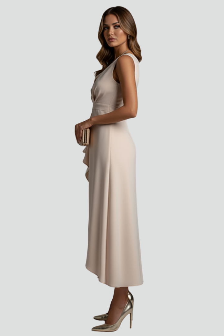 Kael | Women’s V-Neck Sleeveless Dress – Asymmetrical Hem Draped Fitted Waist Midi Party & Evening Dress