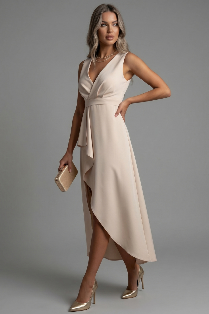 Kael | Women’s V-Neck Sleeveless Dress – Asymmetrical Hem Draped Fitted Waist Midi Party & Evening Dress
