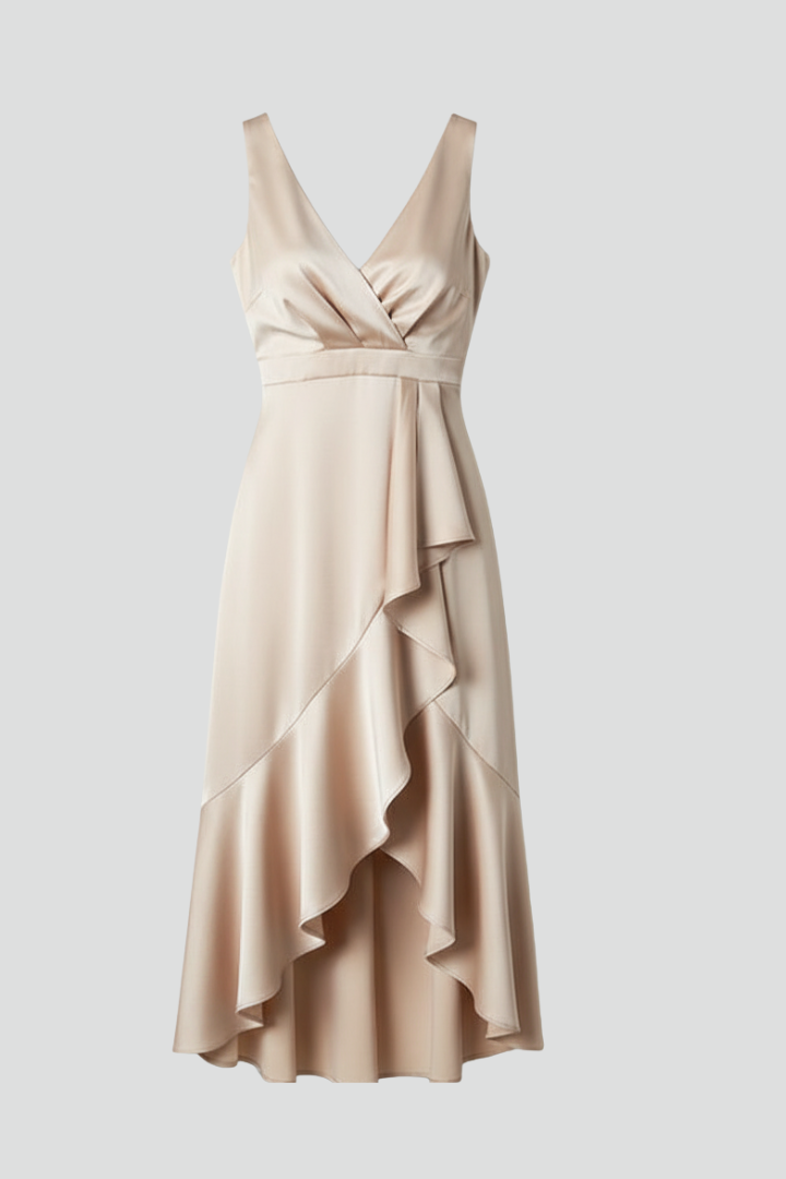 Kael | Women’s V-Neck Sleeveless Dress – Asymmetrical Hem Draped Fitted Waist Midi Party & Evening Dress
