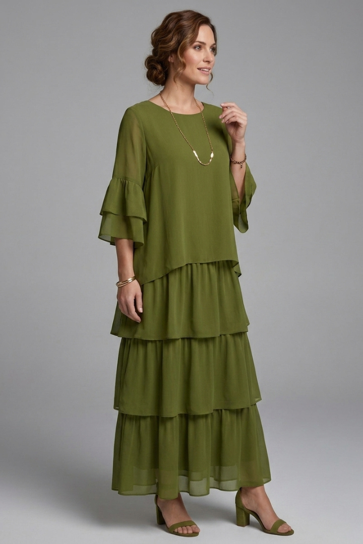 Kaelyn | Women's A-Line Maxi Dress – Round Neck Tiered Long Dress with Relaxed Fit