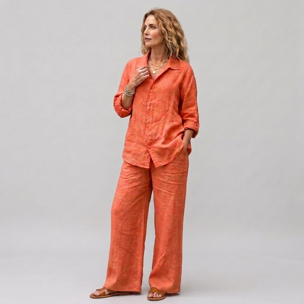 Kairi | Women's Linen Two-Piece Outfit – Relaxed Fit Blouse & Wide Leg Trousers