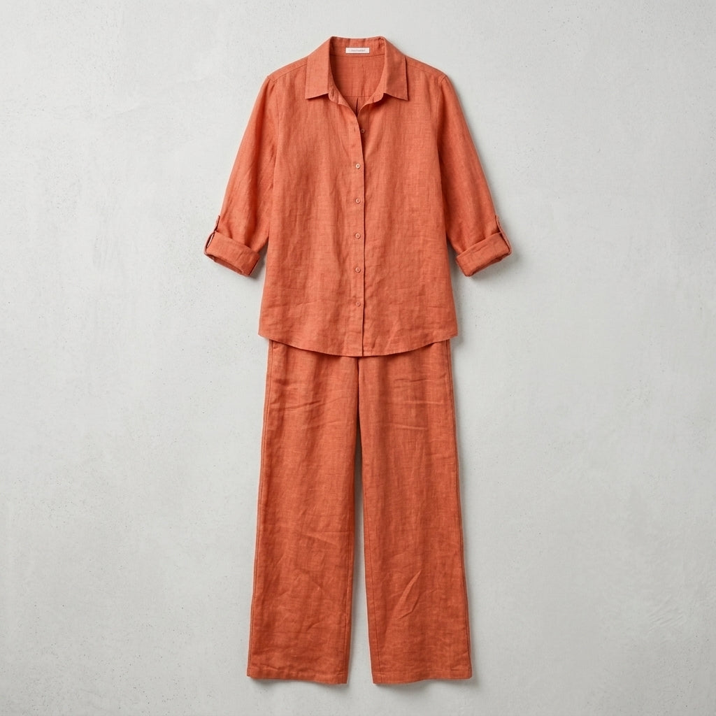 Kairi | Women's Linen Two-Piece Outfit – Relaxed Fit Blouse & Wide Leg Trousers