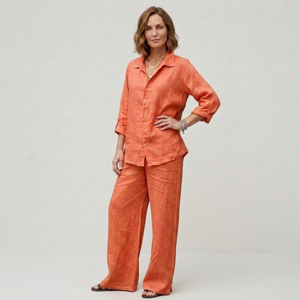 Kairi | Women's Linen Two-Piece Outfit – Relaxed Fit Blouse & Wide Leg Trousers
