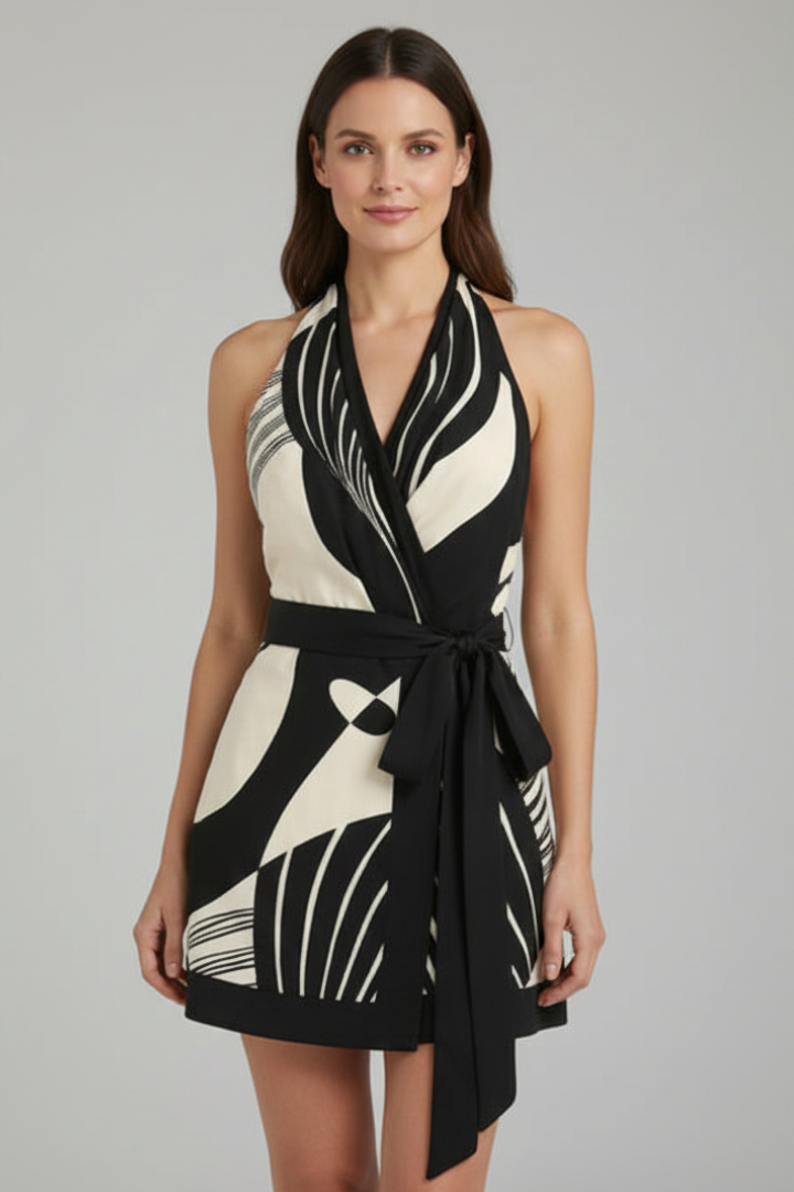Kalani | Women’s Halter Wrap Mini Dress – Tie Waist, Sleeveless, Summer Mini Dress