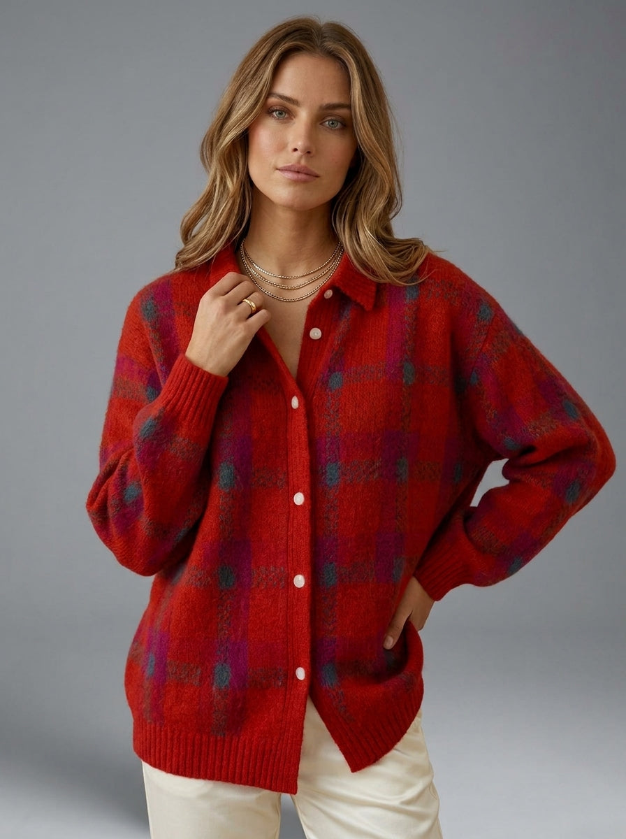 Kalinelle | Women’s Check Cardigan – Button-Front Knit Jumper with Long Sleeves
