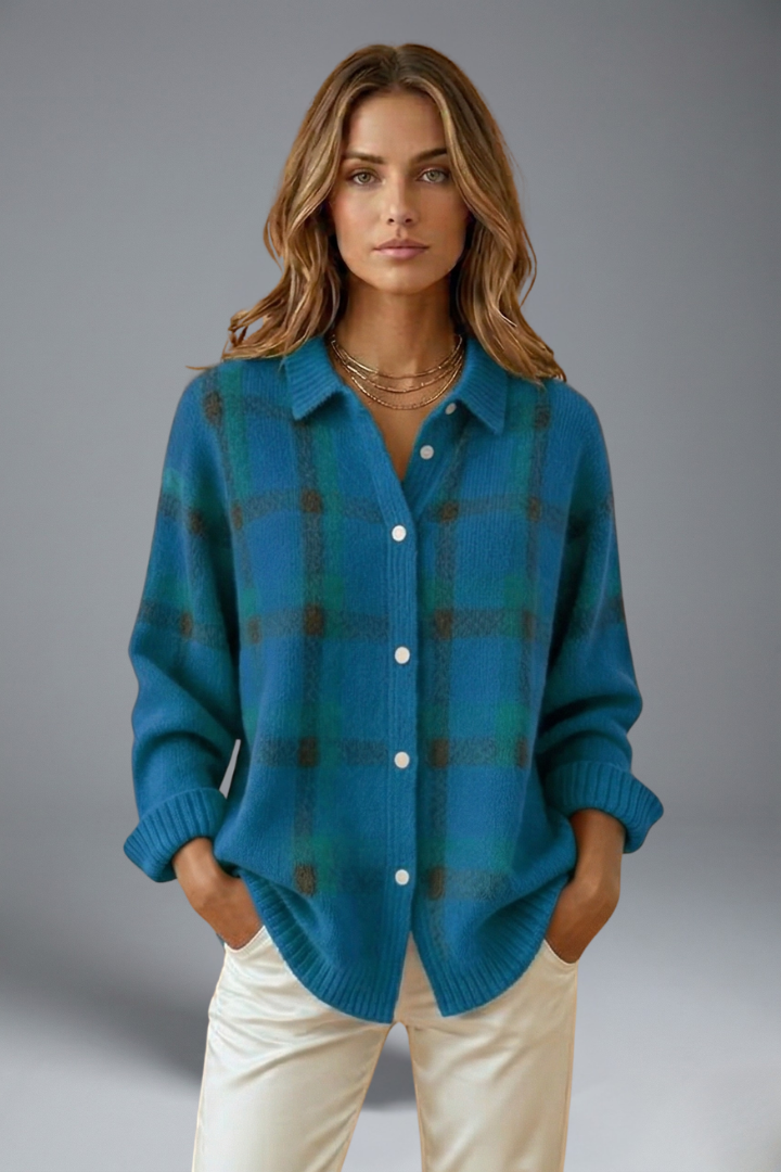 Kalinelle | Women’s Check Cardigan – Button-Front Knit Jumper with Long Sleeves