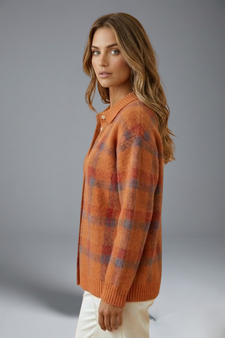 Kalinelle | Women’s Check Cardigan – Button-Front Knit Jumper with Long Sleeves