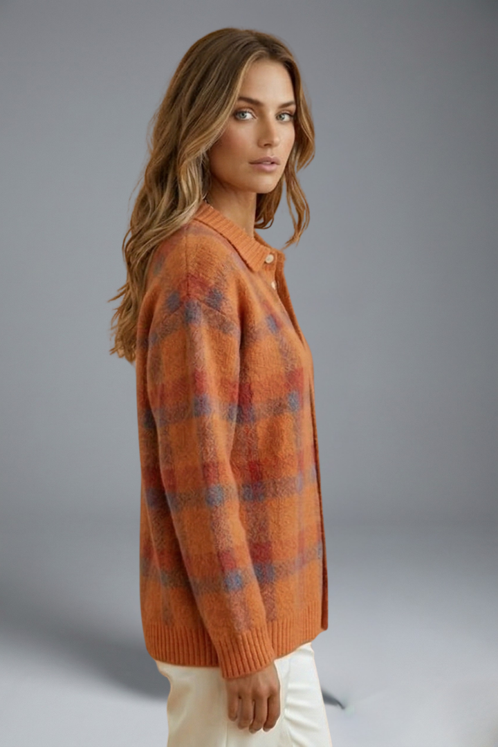 Kalinelle | Women’s Check Cardigan – Button-Front Knit Jumper with Long Sleeves