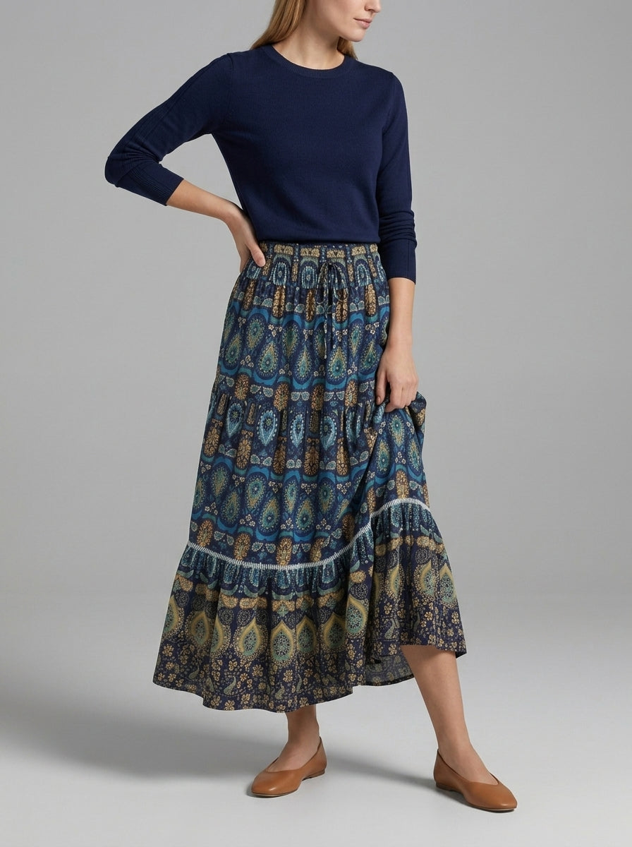 Kallie | Women’s Maxi Skirt – High Elastic Waist, Tiered Panels, Full-Length Flared Fit