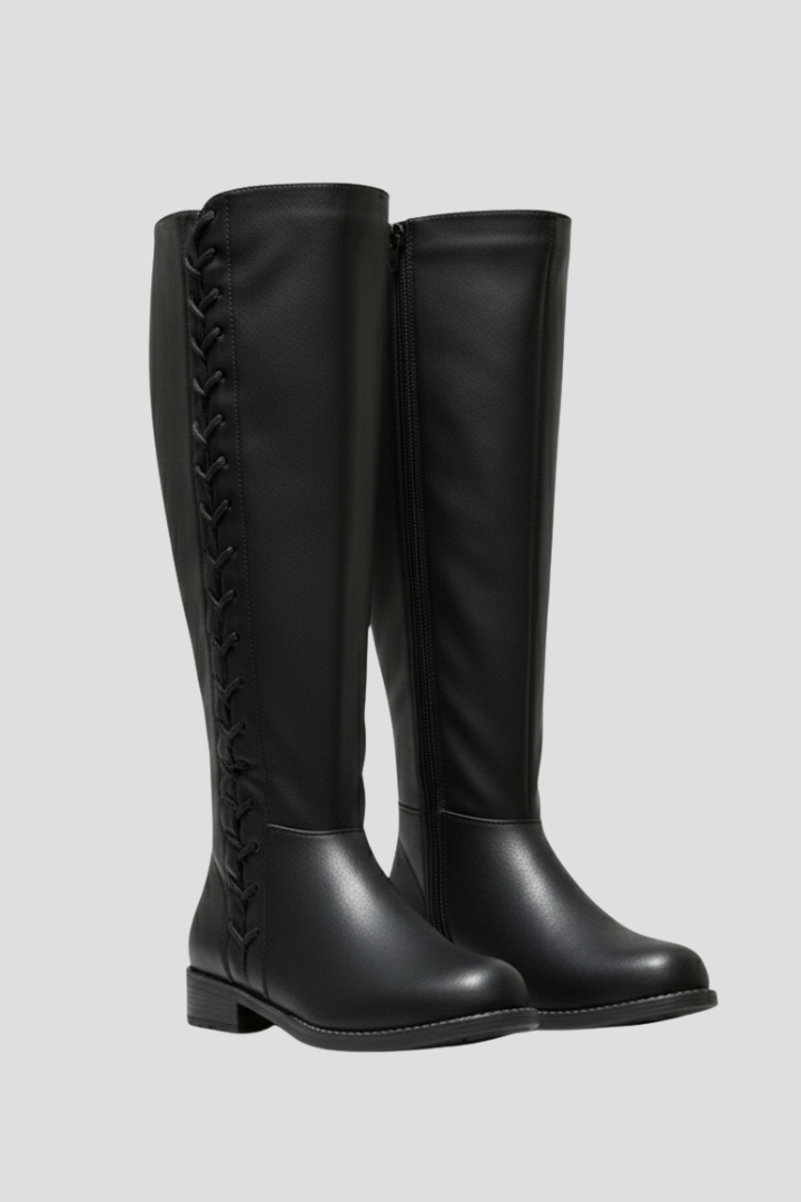 Kallista | Women’s Knee-High Boots – Lace-Up Front, Round Toe, Plain Upper & Raised Sole