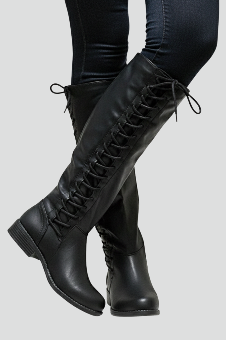 Kallista | Women’s Knee-High Boots – Lace-Up Front, Round Toe, Plain Upper & Raised Sole