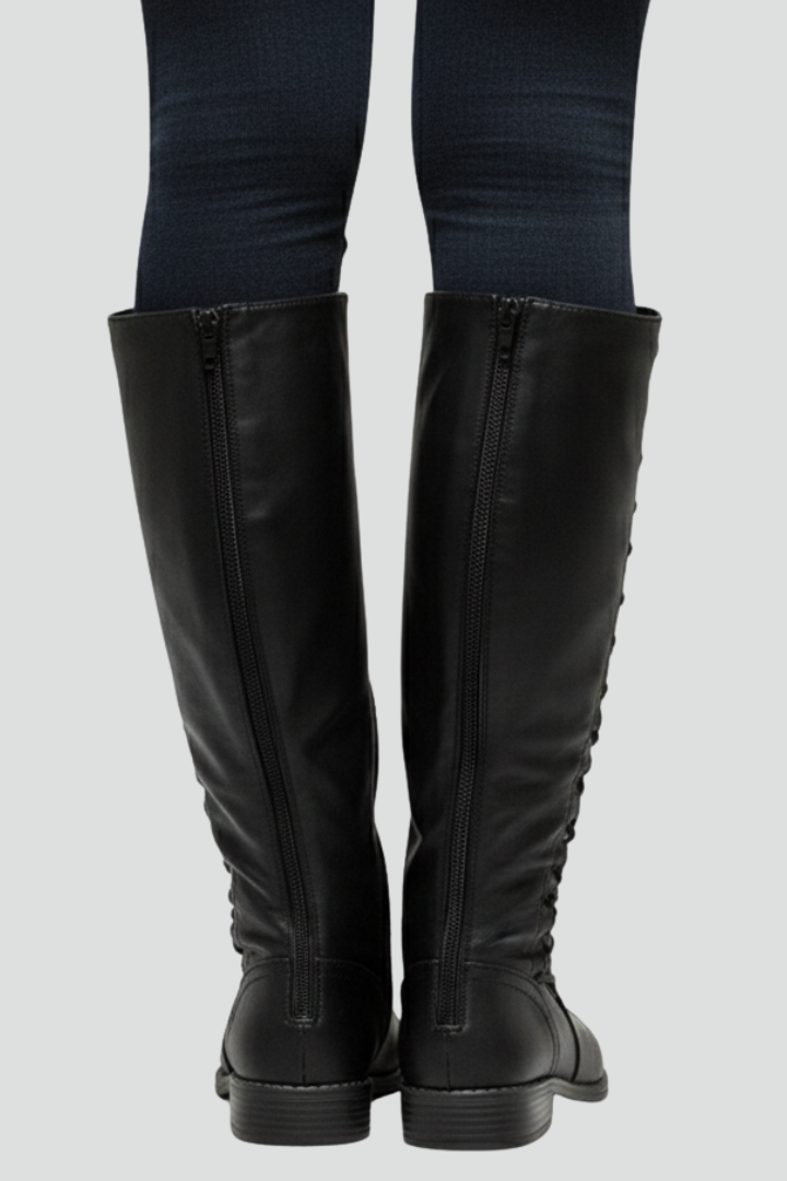 Kallista | Women’s Knee-High Boots – Lace-Up Front, Round Toe, Plain Upper & Raised Sole