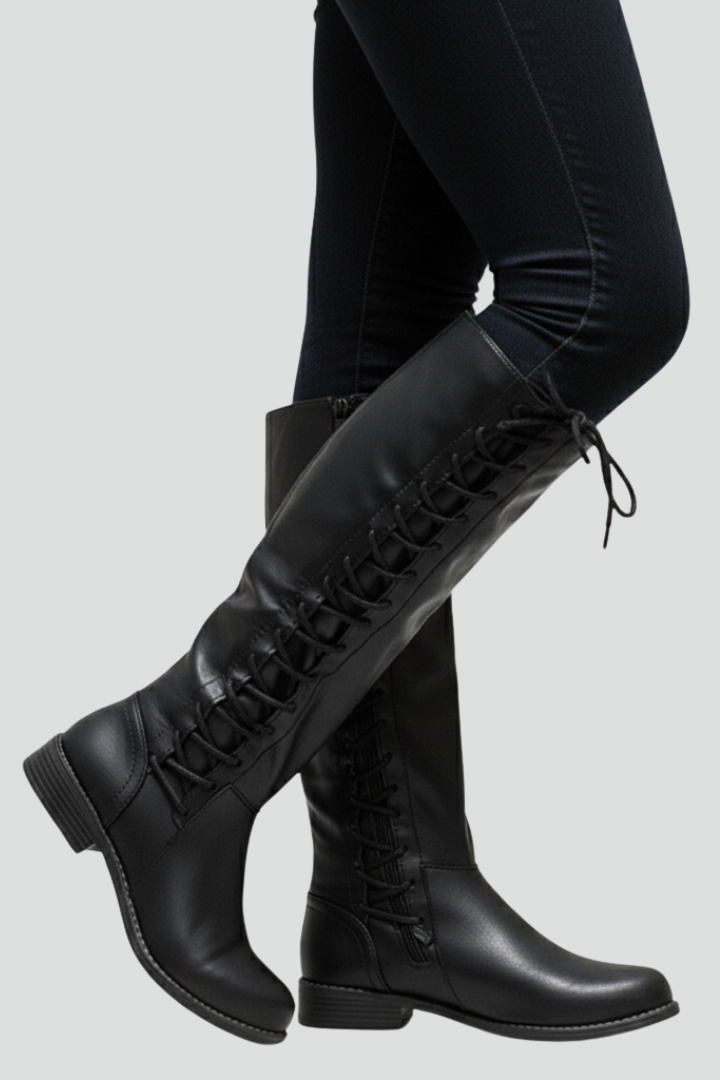 Kallista | Women’s Knee-High Boots – Lace-Up Front, Round Toe, Plain Upper & Raised Sole