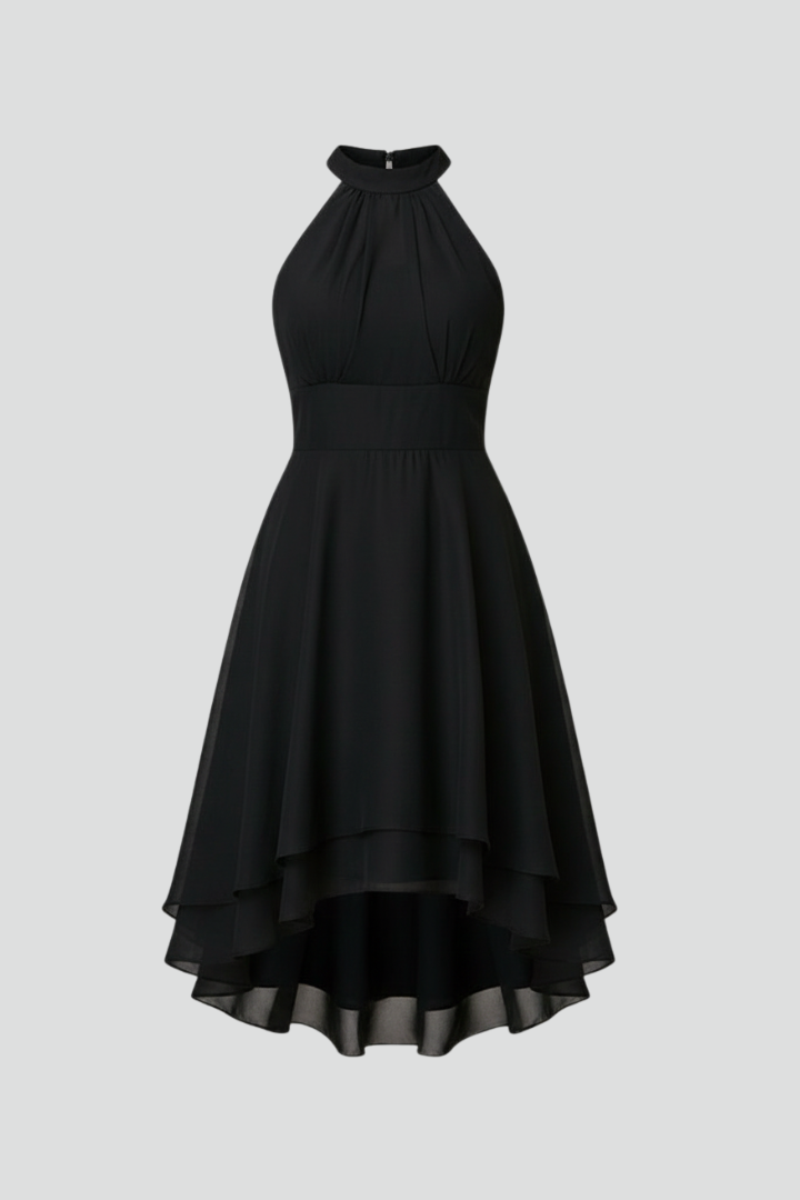Kaori | Women’s Above-Knee Dress – Sleeveless Halter Dress with Layered Hem