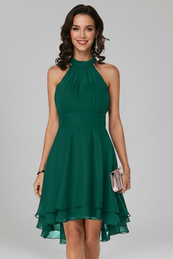 Kaori | Women’s Above-Knee Dress – Sleeveless Halter Dress with Layered Hem