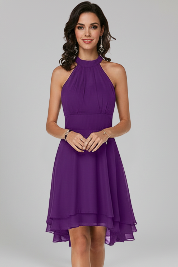 Kaori | Women’s Above-Knee Dress – Sleeveless Halter Dress with Layered Hem