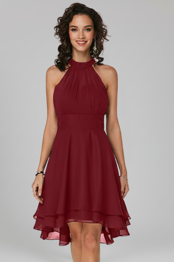 Kaori | Women’s Above-Knee Dress – Sleeveless Halter Dress with Layered Hem