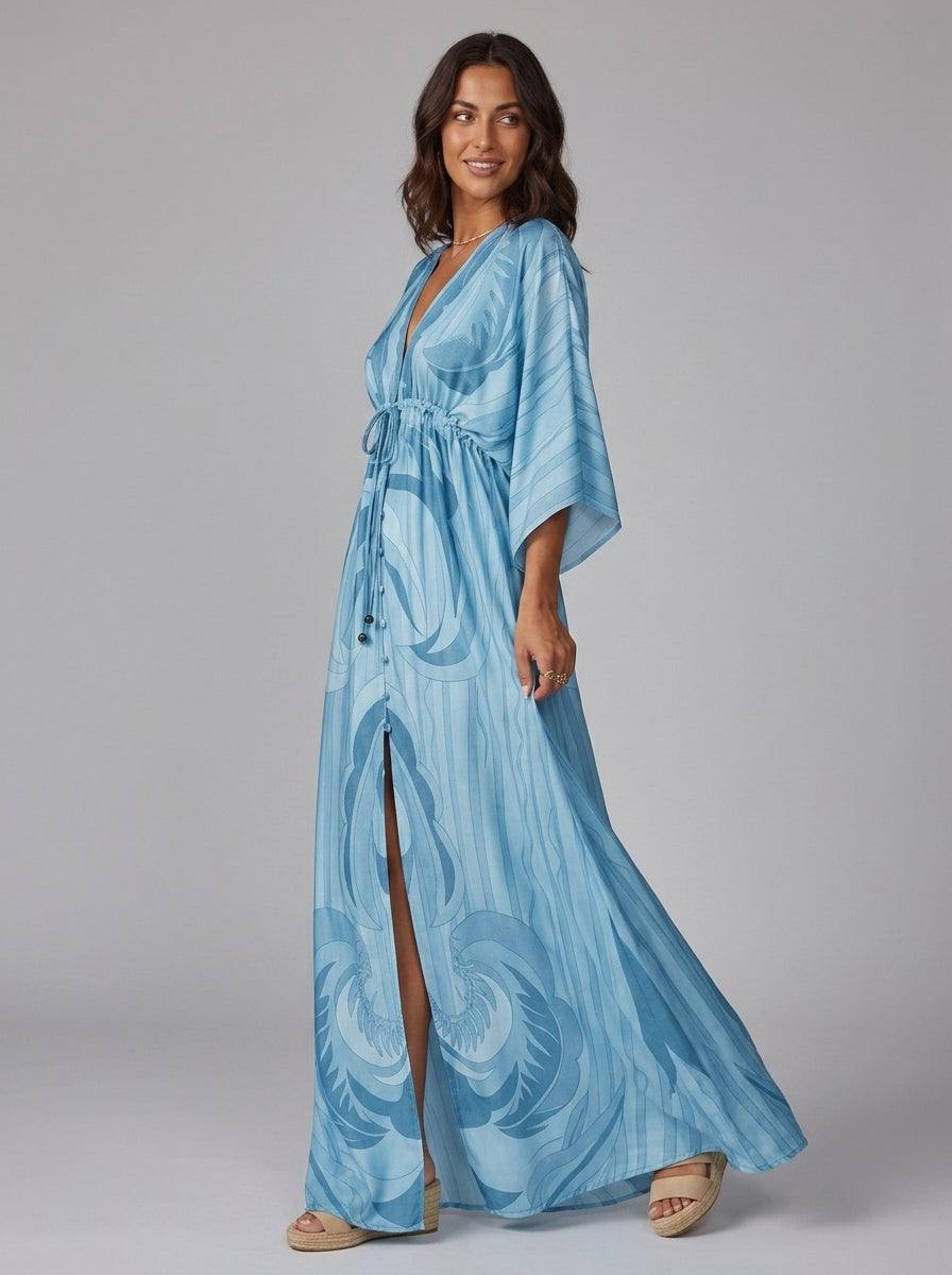 Kayce | Women's Printed Maxi Dress – V-Neck Tie Waist 3/4 Batwing Sleeve Flowy Long Dress