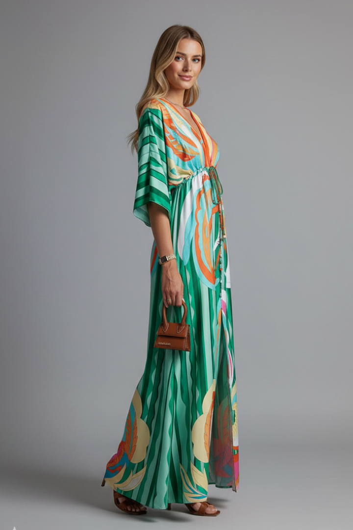 Kayce | Women's Printed Maxi Dress – V-Neck Tie Waist 3/4 Batwing Sleeve Flowy Long Dress