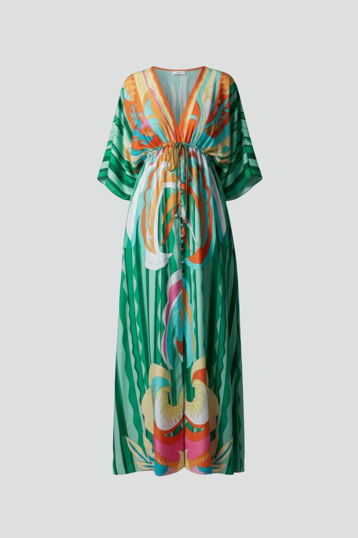 Kayce | Women's Printed Maxi Dress – V-Neck Tie Waist 3/4 Batwing Sleeve Flowy Long Dress
