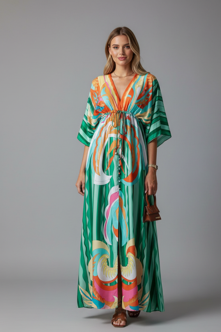 Kayce | Women's Printed Maxi Dress – V-Neck Tie Waist 3/4 Batwing Sleeve Flowy Long Dress