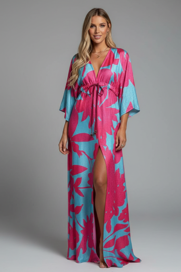 Kayce | Women's Printed Maxi Dress – V-Neck Tie Waist 3/4 Batwing Sleeve Flowy Long Dress
