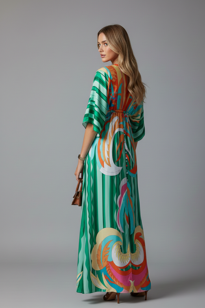 Kayce | Women's Printed Maxi Dress – V-Neck Tie Waist 3/4 Batwing Sleeve Flowy Long Dress
