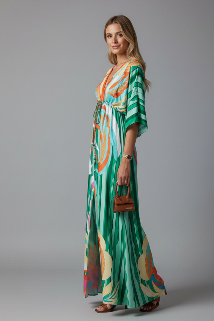 Kayce | Women's Printed Maxi Dress – V-Neck Tie Waist 3/4 Batwing Sleeve Flowy Long Dress