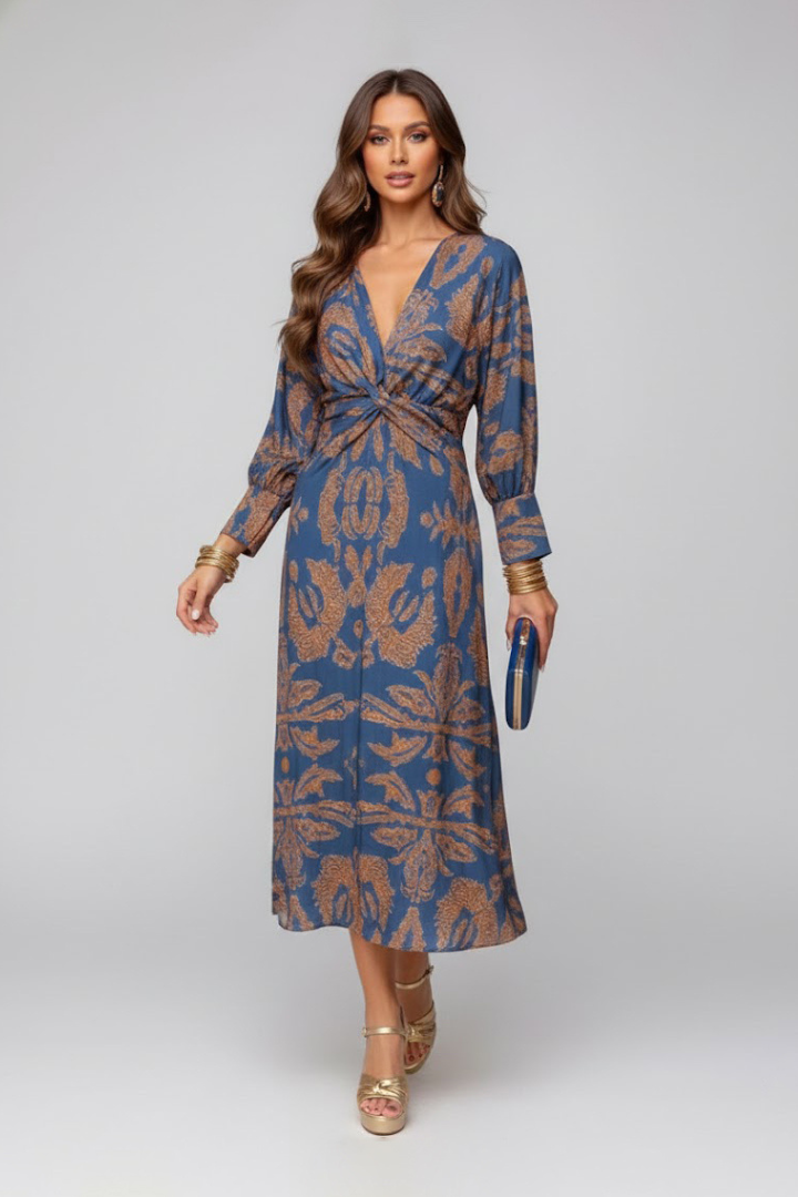 Kela | Women’s Printed Maxi Dress - Deep V-Neck, Long Flowy Elegant Dress