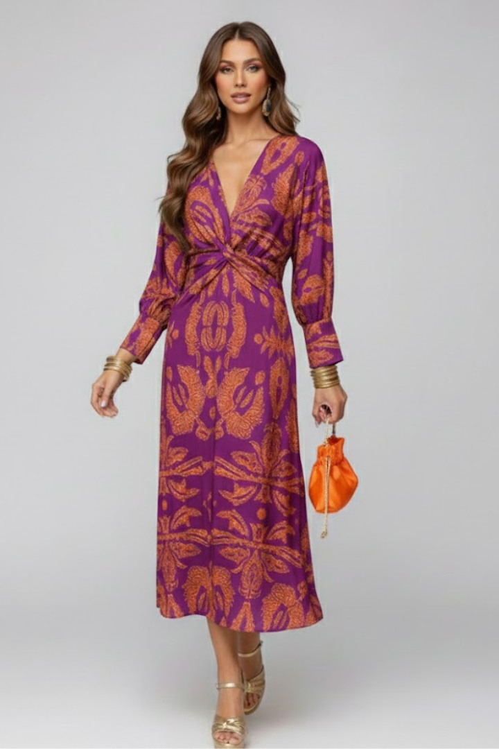 Kela | Women’s Printed Maxi Dress - Deep V-Neck, Long Flowy Elegant Dress