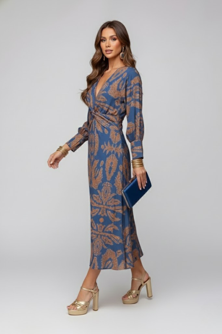 Kela | Women’s Printed Maxi Dress - Deep V-Neck, Long Flowy Elegant Dress