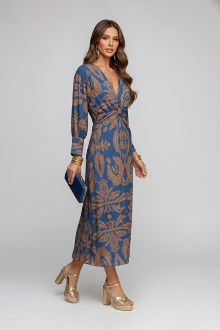 Kela | Women’s Printed Maxi Dress - Deep V-Neck, Long Flowy Elegant Dress