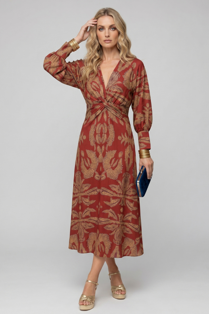 Kela | Women’s Printed Maxi Dress - Deep V-Neck, Long Flowy Elegant Dress