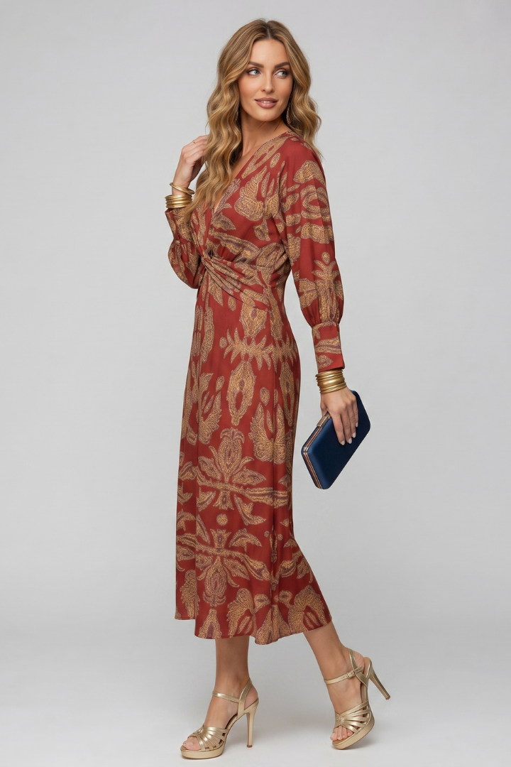 Kela | Women’s Printed Maxi Dress - Deep V-Neck, Long Flowy Elegant Dress