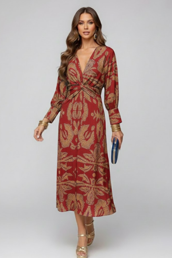 Kela | Women’s Printed Maxi Dress - Deep V-Neck, Long Flowy Elegant Dress