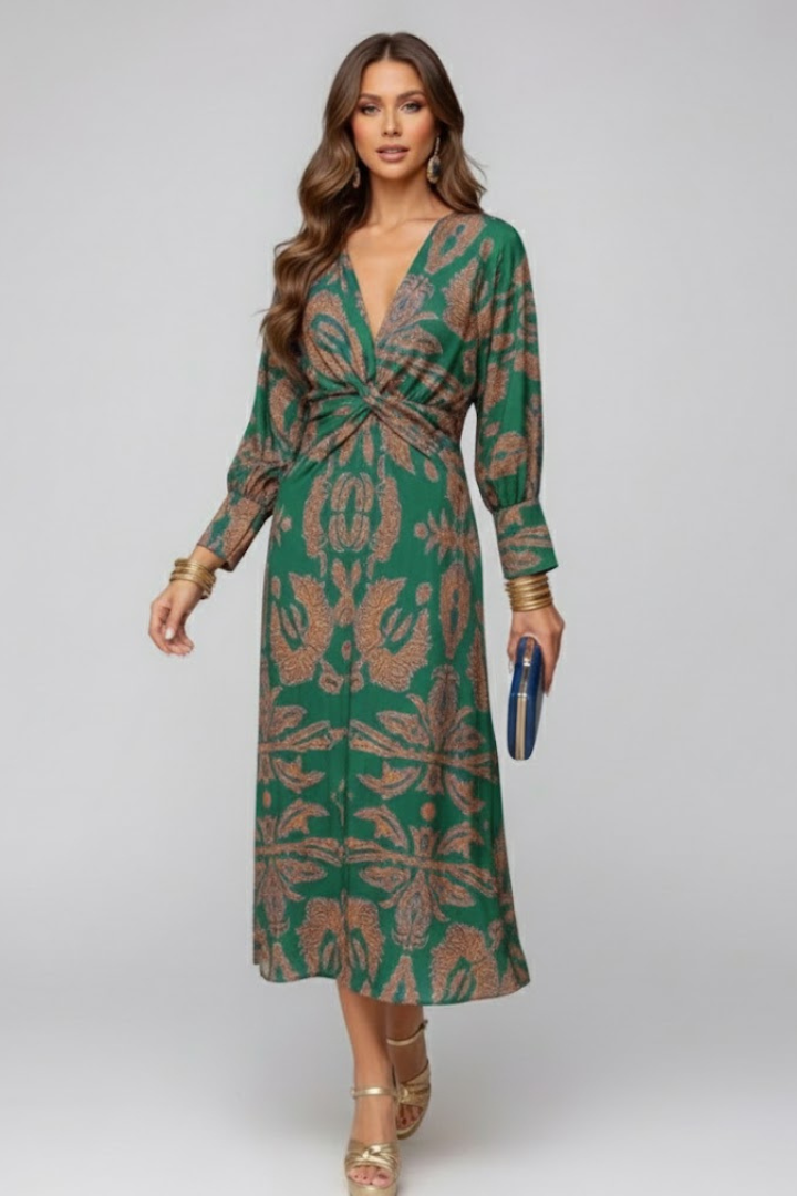 Kela | Women’s Printed Maxi Dress - Deep V-Neck, Long Flowy Elegant Dress