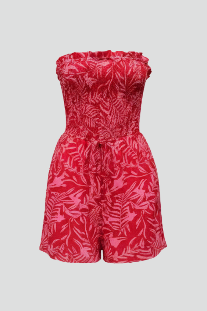 Kenna | Women's Strapless Printed Romper – Elastic Neckline Sleeveless Short Jumpsuit