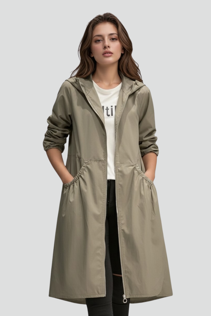 Kerensa | Women’s Long Hooded Coat – Full-Zip Straight Fit with Side Pockets