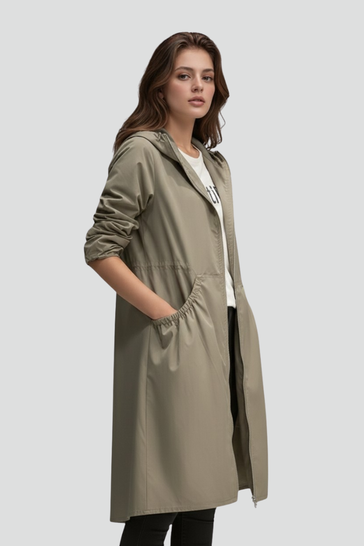 Kerensa | Women’s Long Hooded Coat – Full-Zip Straight Fit with Side Pockets