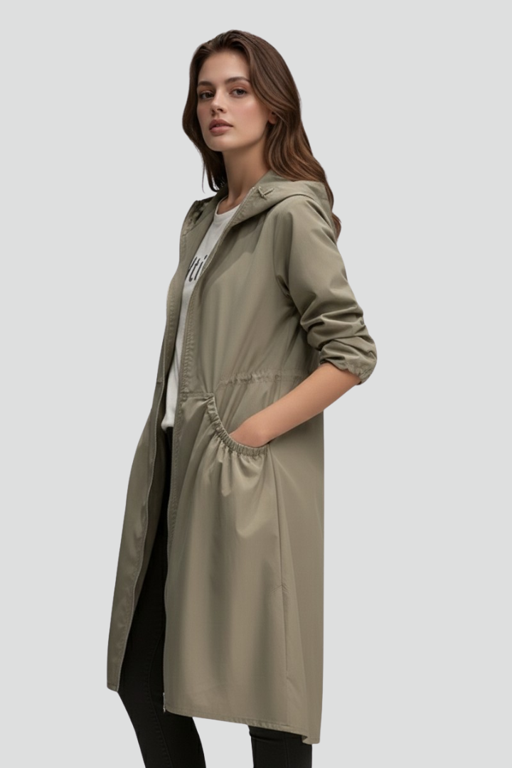 Kerensa | Women’s Long Hooded Coat – Full-Zip Straight Fit with Side Pockets